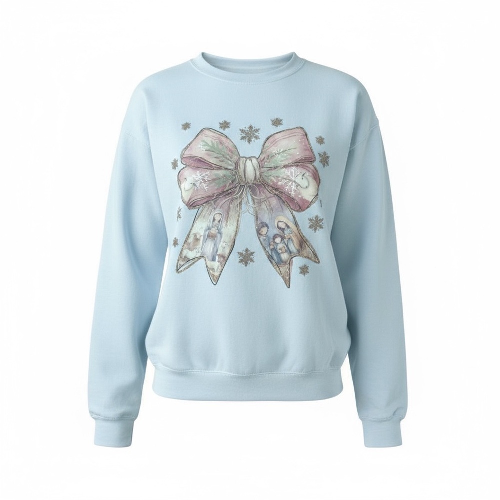 Christmas Bow Birth of Jesus Light Blue Sweatshirt